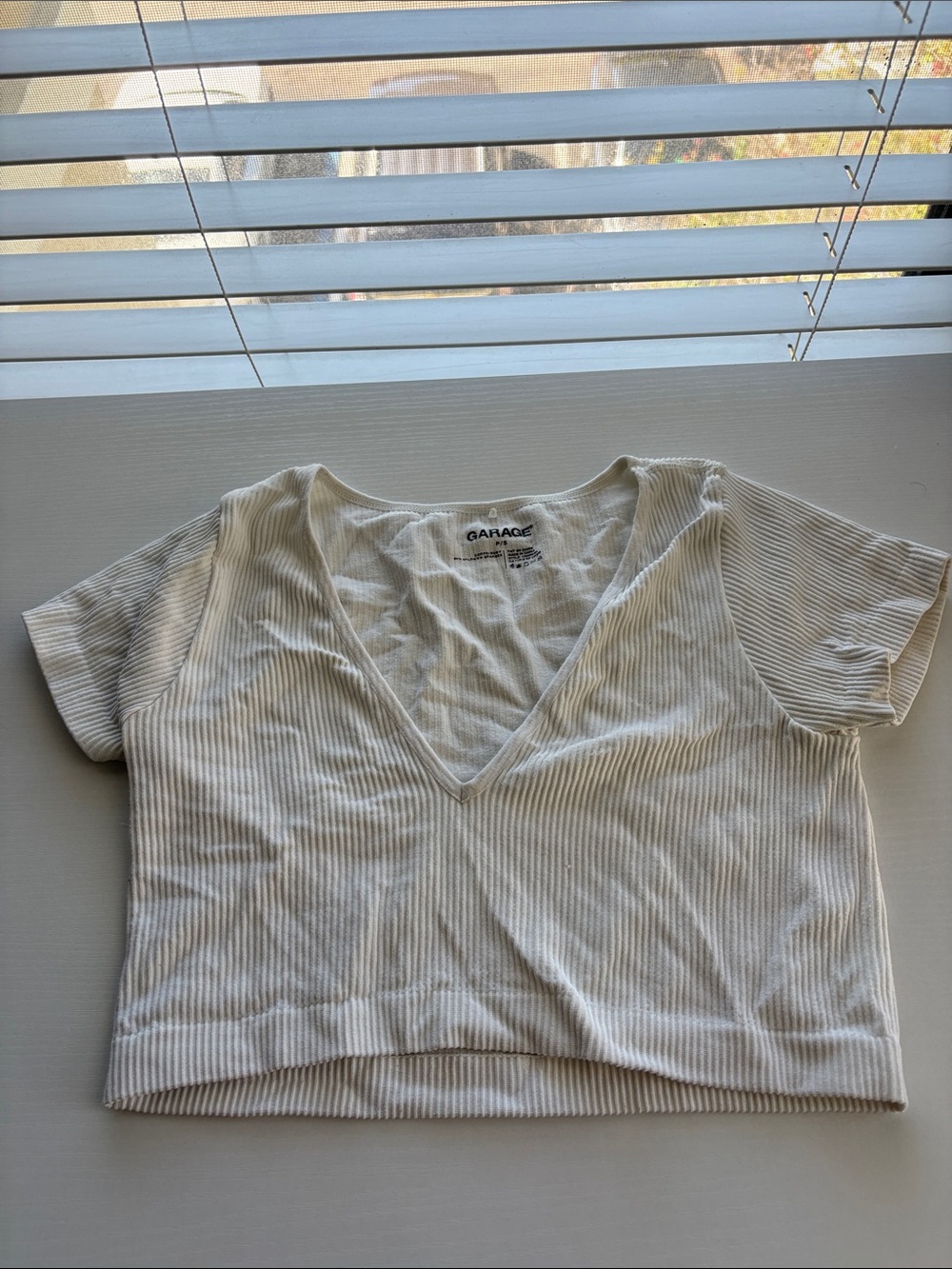 Garage Cream Ribbed V-Neck Cropped Tee